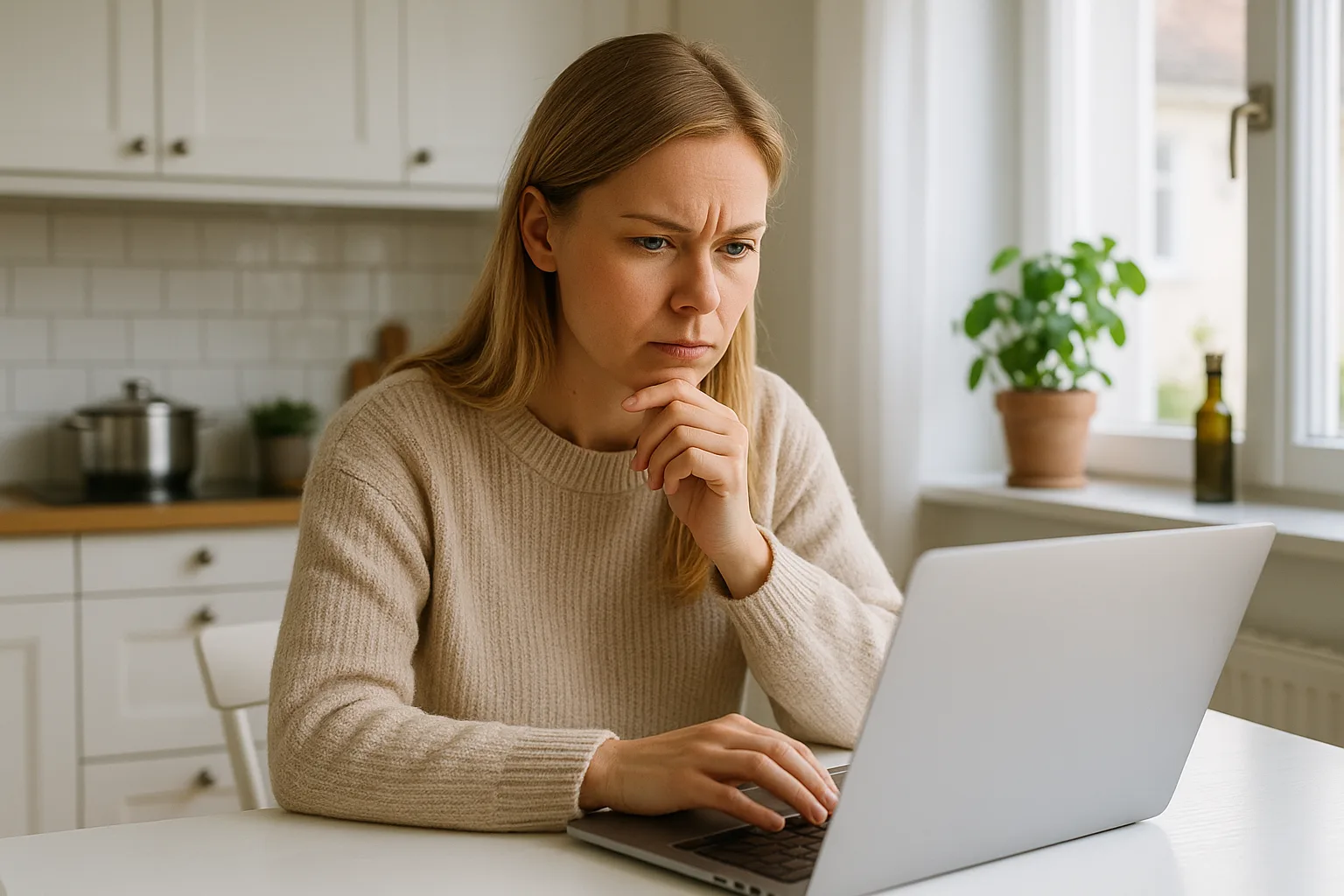 Kvinna jämför bredbandserbjudanden på laptop i nordiskt kök