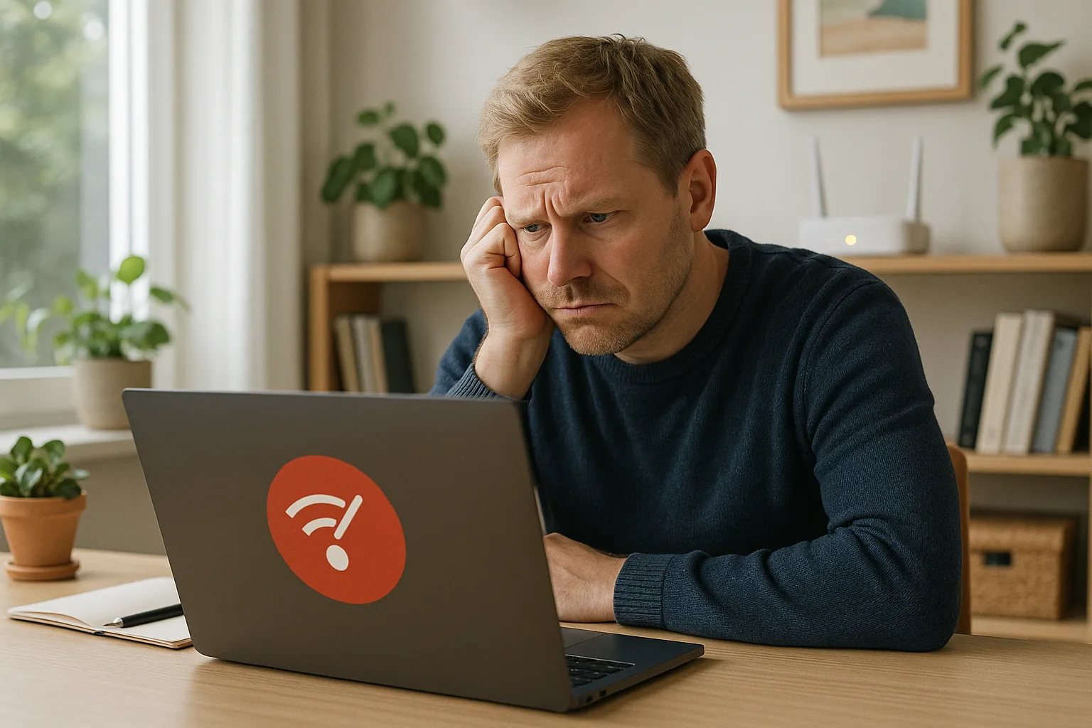Person frustrerad vid laptop med anslutningsproblem i hemkontor