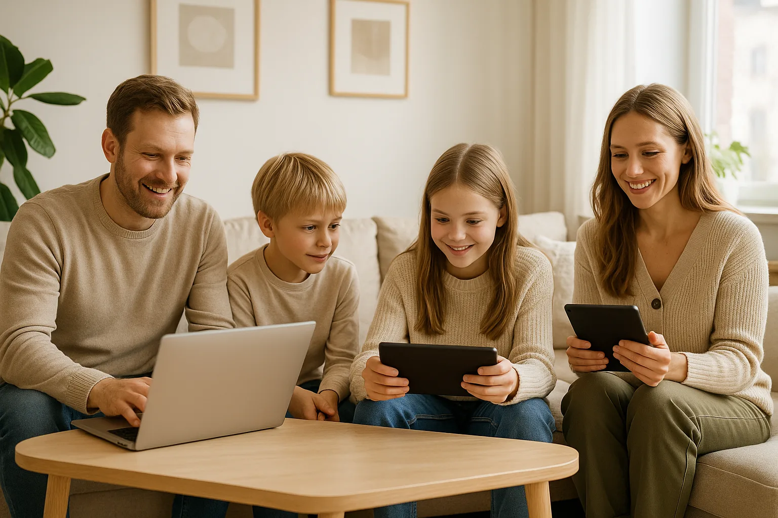 Nordisk familj med olika enheter i ljust skandinaviskt vardagsrum