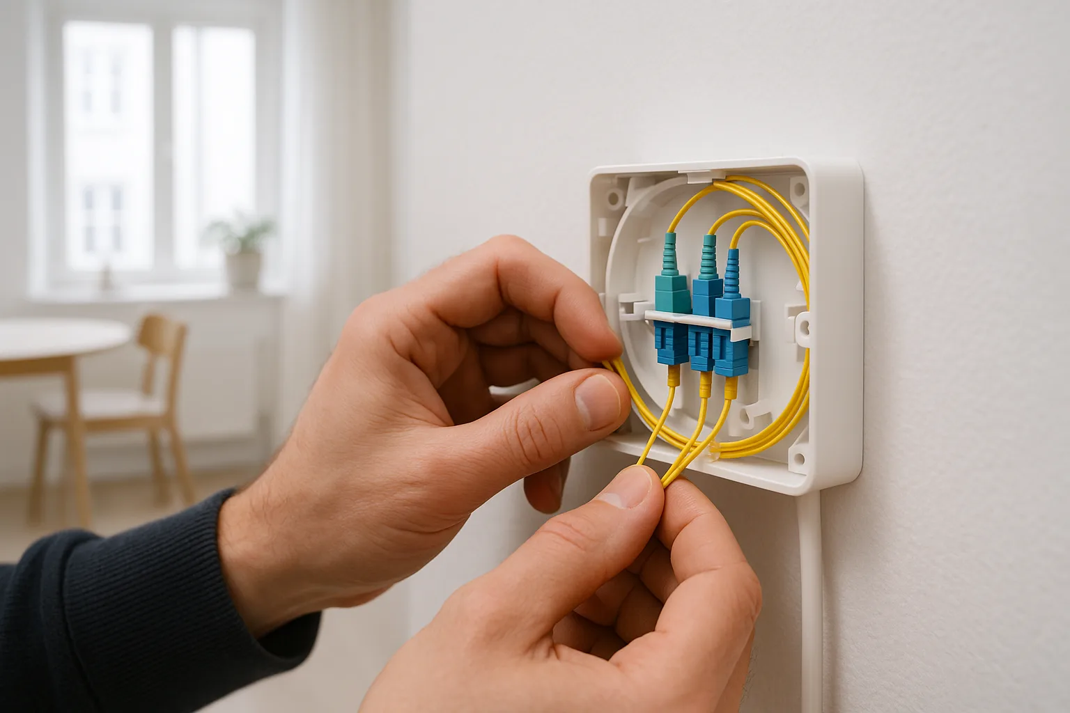 Tekniker ansluter fiberkablar i vit vägguttag i svensk lägenhet