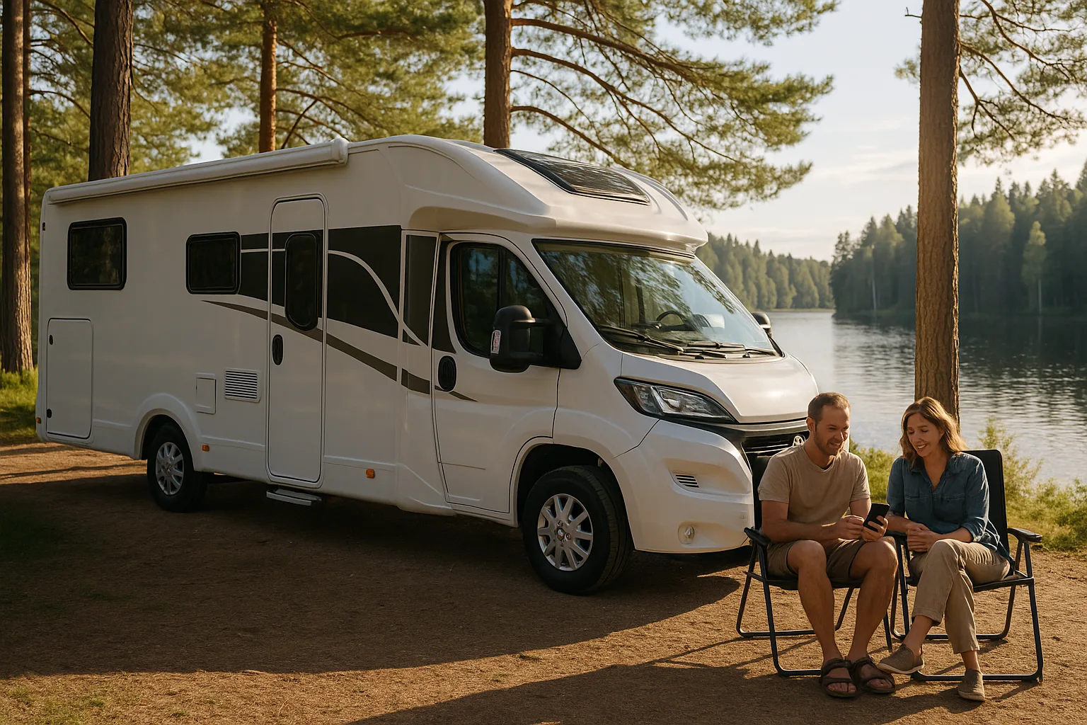 Husbil vid campingplats bredvid svensk skogssjö på sommaren