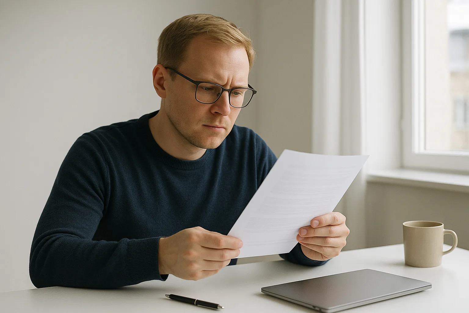 Person läser abonnemangsavtal vid minimalistiskt skrivbord