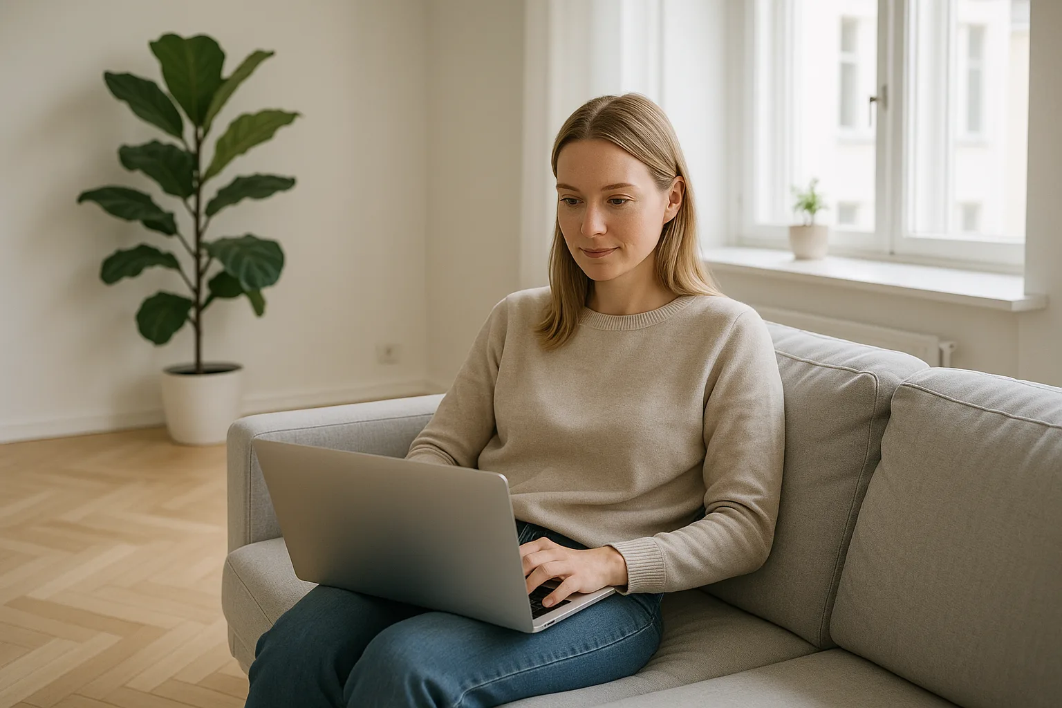 Person på soffa med laptop i skandinaviskt vardagsrum