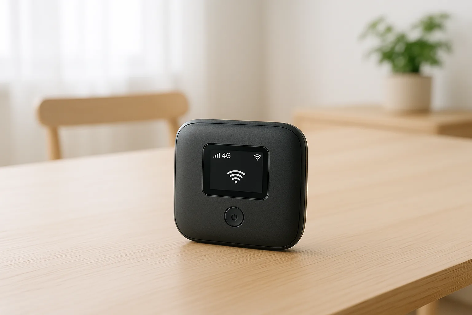 Kompakt 4G/5G MiFi-router på ljust träbord i nordisk miljö