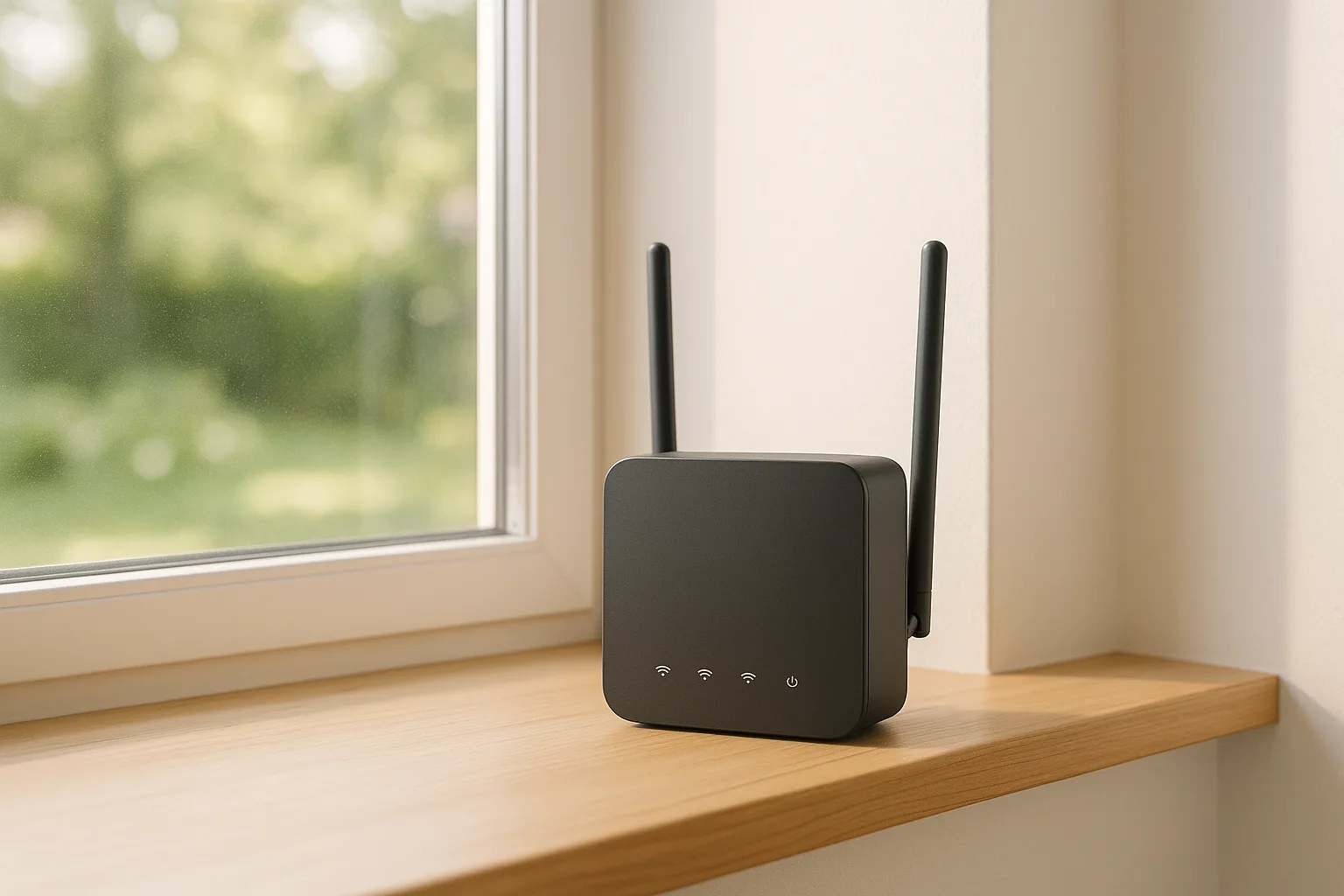 Kompakt 4G/5G-router på fönsterbräda i nordiskt hem