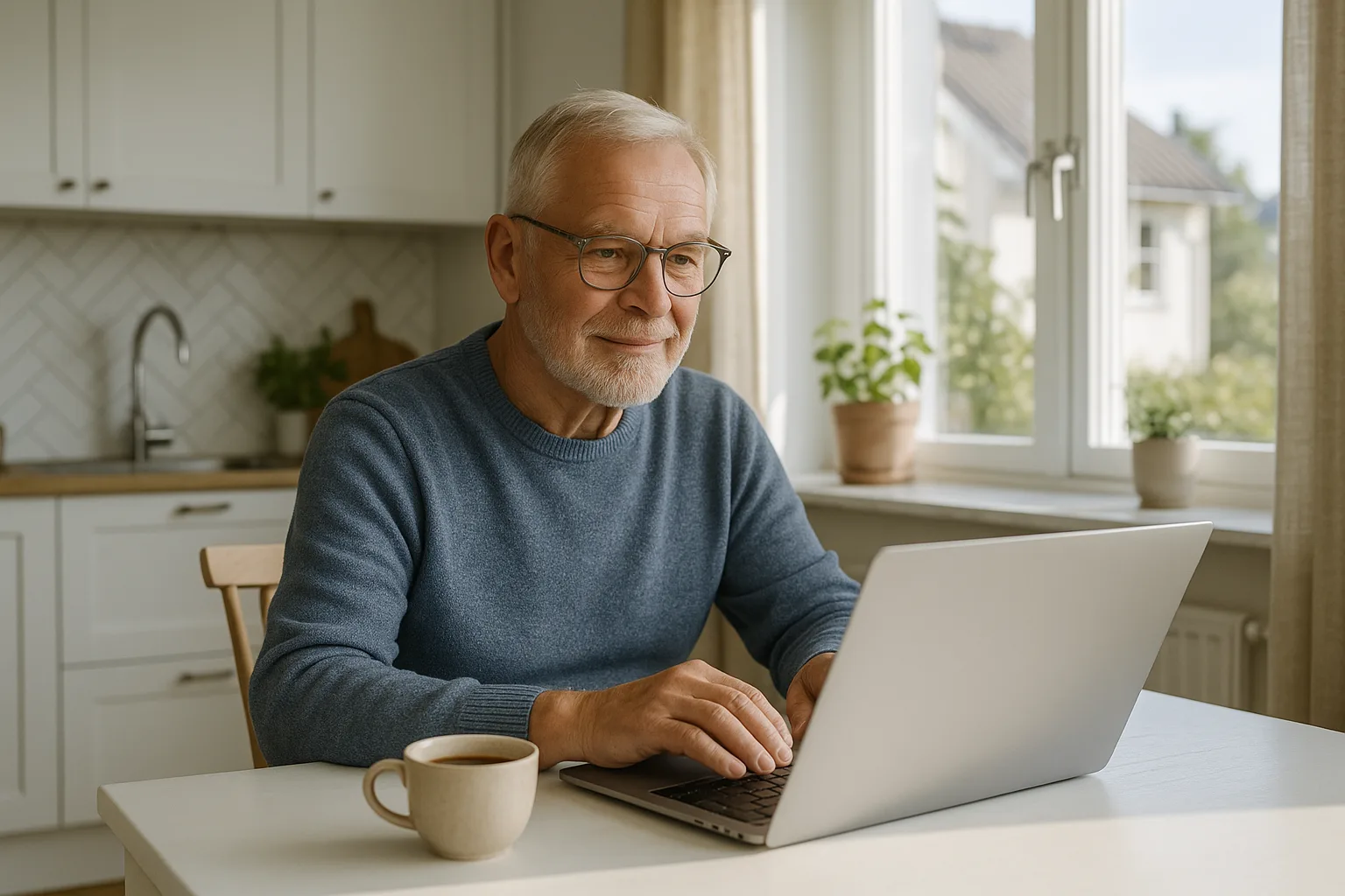 Äldre man med laptop och kaffe i ljust nordiskt kök