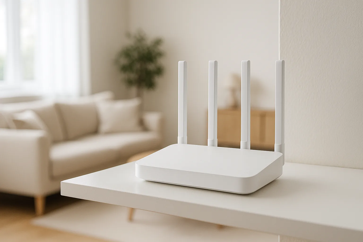 Modern vit WiFi-router på hylla i nordiskt hem