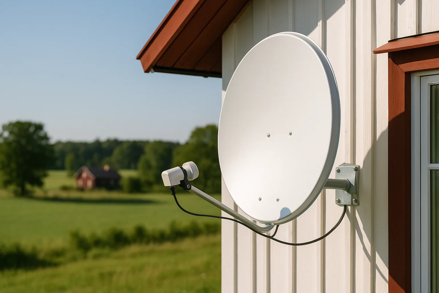 Modern satellitparabolantenn monterad på svensk villa
