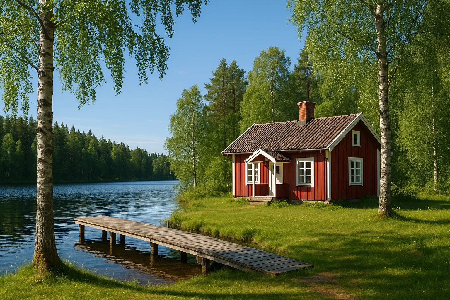Klassisk röd svensk sommarstuga vid lugn skogssjö