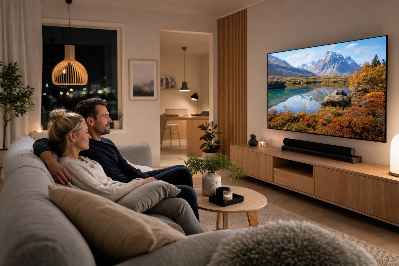 Par tittar på streaming-TV i nordiskt vardagsrum