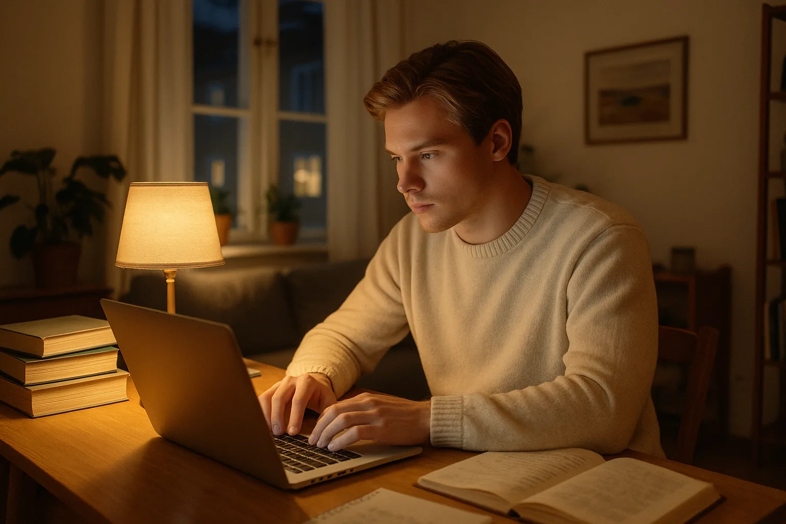 Student studerar med laptop i litet skandinaviskt rum
