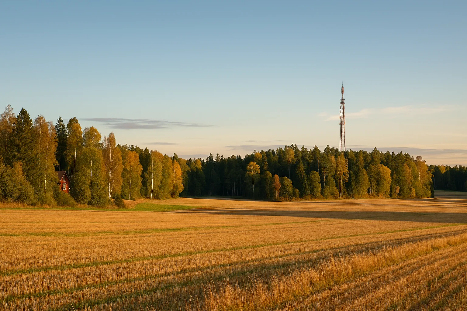 Telemasttorn i skandinaviskt landsbygdslandskap