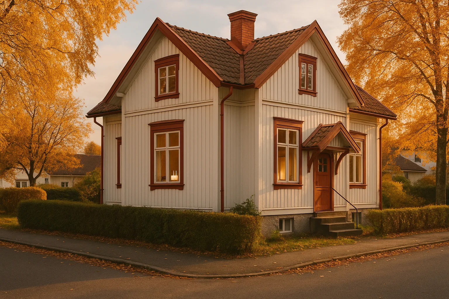 Vit svensk villa i lugnt bostadsområde på hösten