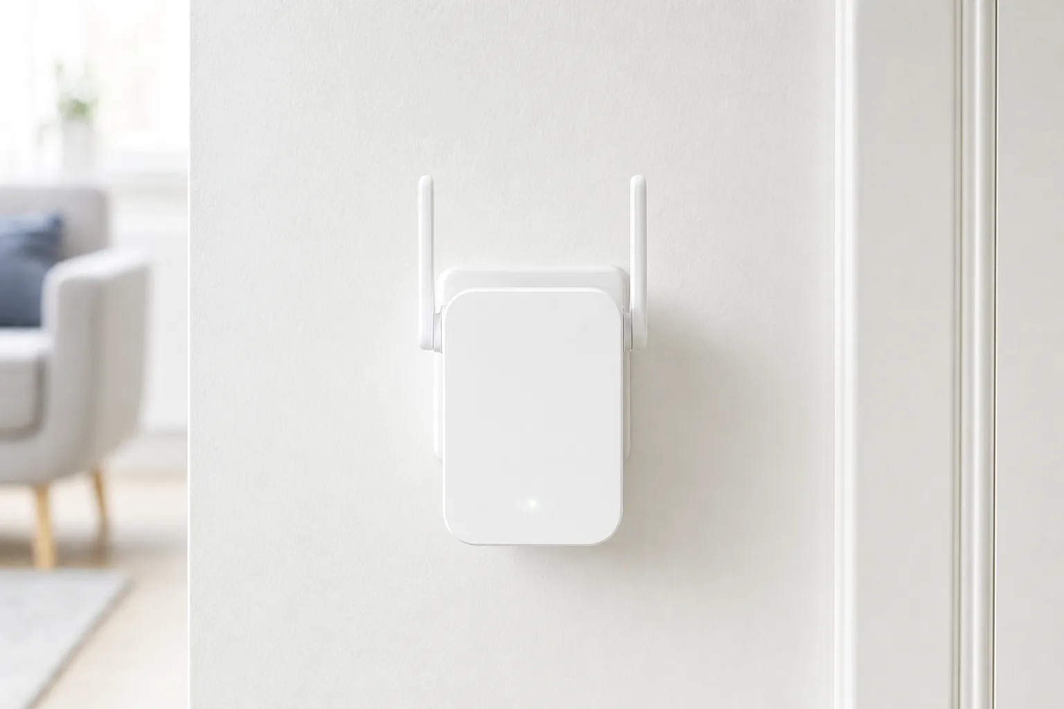 Kompakt WiFi-repeater inkopplad i vägguttag i nordisk hall